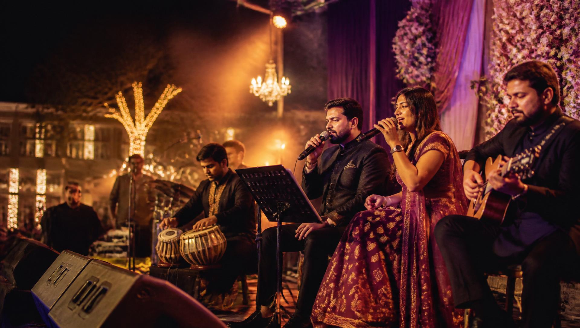 Live Indian wedding band performing at a sangeet night