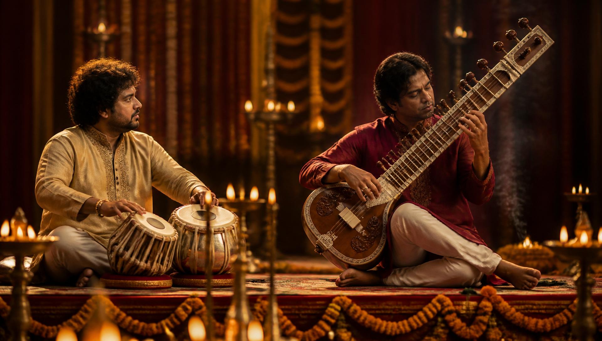 Sitar and tabla duo performing a classical mehfil
