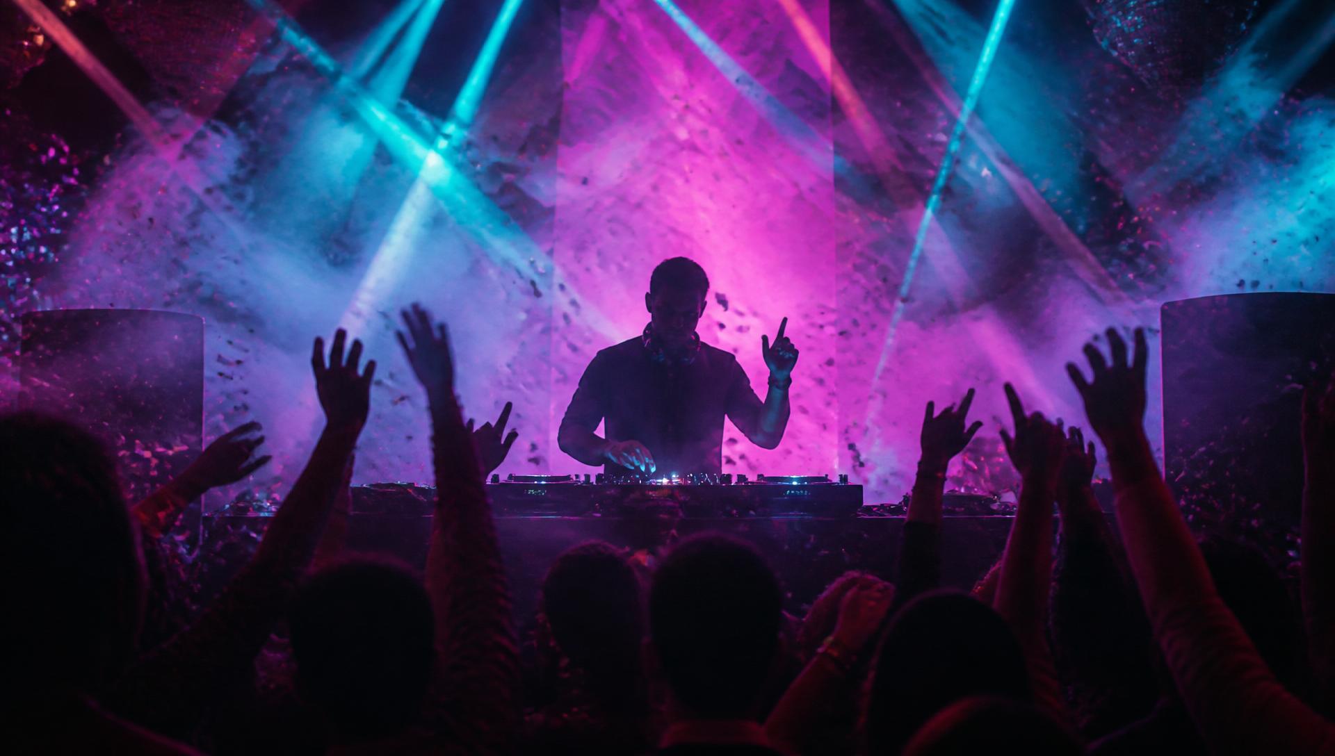 DJ performing with crowd cheering under stage lights