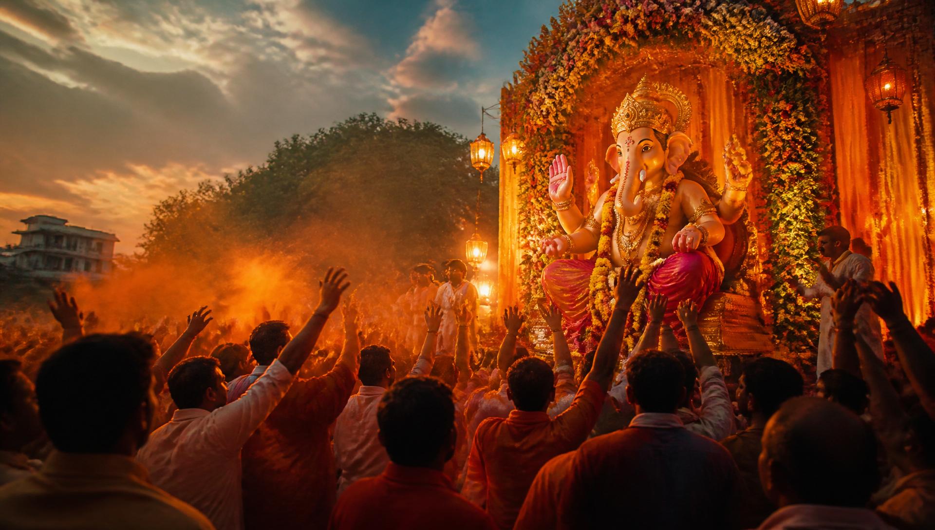 Ganpati mandal celebration with devotees and idol